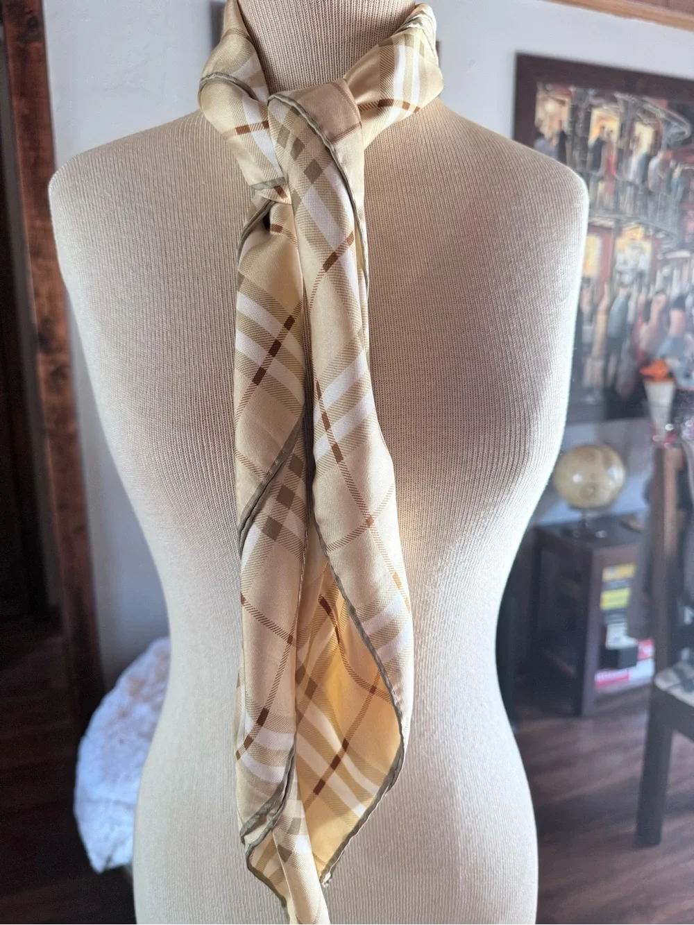Burberry Beige and Cream Check Silk Scarf